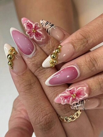10pcs/Set Premium 3D Almond Shaped French Tip Gradient Orchid Faux Rhinestone Full Cover Short Artificial Nails, Reusable, 3 Size Options, For Girls/Women, Stage Performance, Weddings, Parties, Daily Wear Press On Nails
