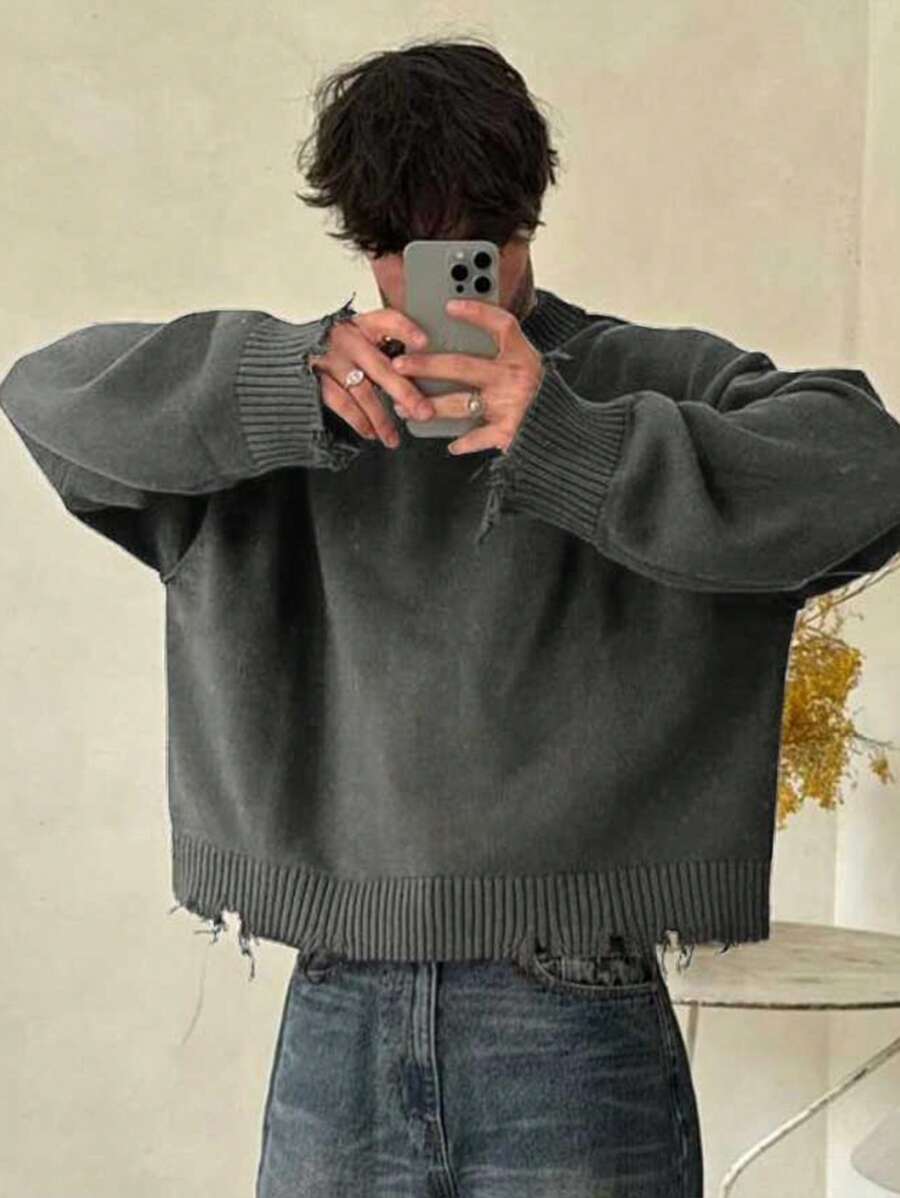 Unisex Street Style Minimalist Design Long Sleeve Crew Neck Pullover Fringe Distressed Knit Sweater, Loose And Comfortable Fit, Suitable For Spring, Autumn, Winter - 灰色 - 查看 1
