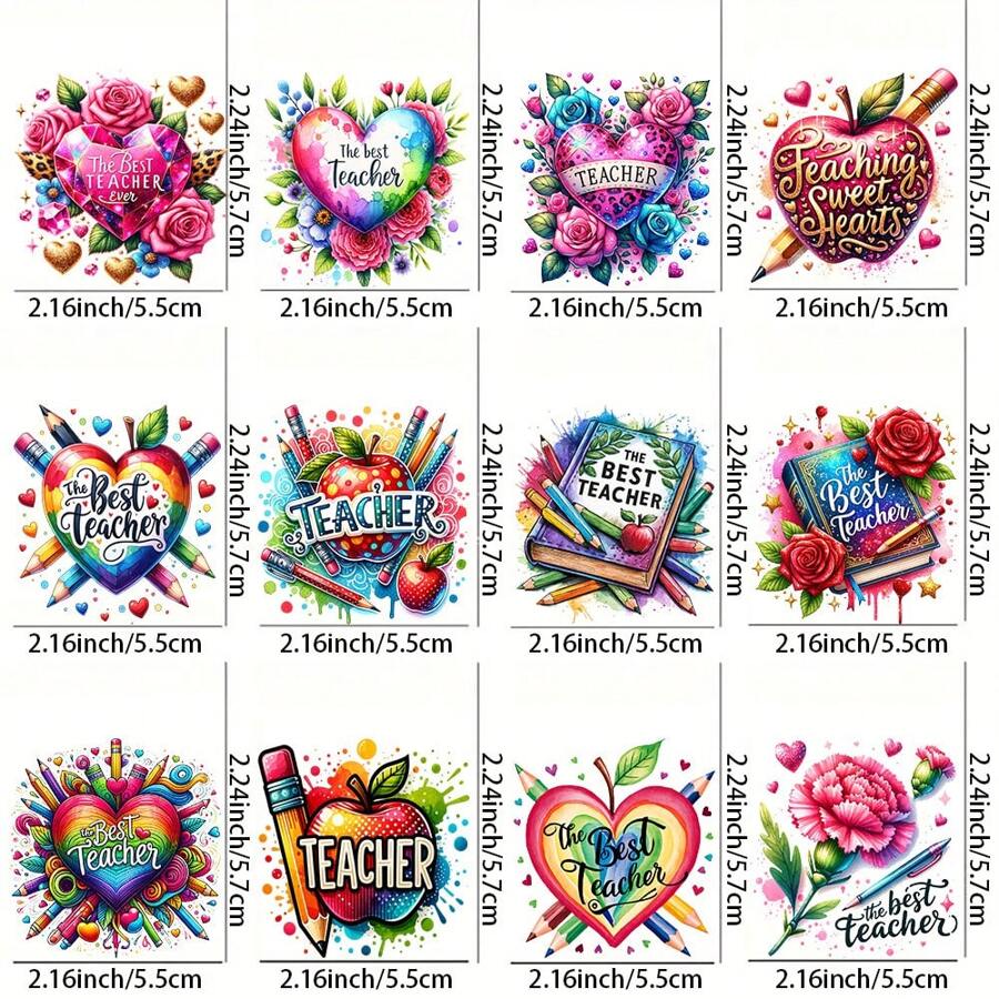 12Pcs Best Teacher Uv Dtf Mug Stickers Skinny Tumbler Cup Colorful Design Picture High Self-Adhesive Wraps Transfers Waterproof Diy Decor Sticker On Mugs,Ideal Gift For Birthdays, Holidays, Christmas, New Year, Valentine's Day,Best Gift For Teachers