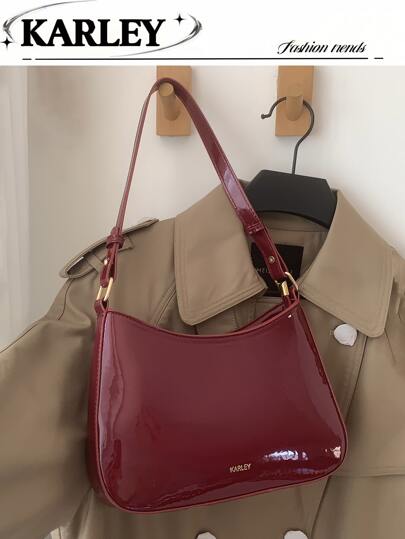 Women's Shoulder Bag, Vintage Burgundy Crescent Moon Shaped Handbag, Versatile Crossbody Bag, Lacquered Leather Tote Bag, Simple Portable Shoulder Bag With Adjustable Straps, Interior Pocket