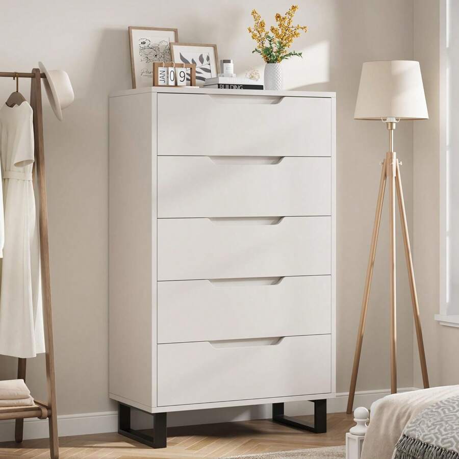 GOCAPTAIN 5 Dresser For Bedroom, 51" Tall Dresser, Freestanding Vertical Drawer Dresser With Storage, Wooden Closet Dresser Storage Dresser Chest For Living Room, Hallway, Entryway - 白色 - 查看 1