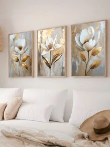 Kit 3 Decorative Frames Painting White Flower Gold Luxurious Modern - 摩卡棕 - 查看 4