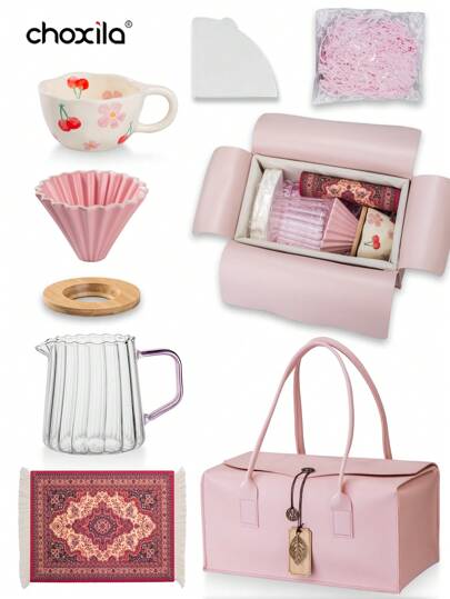 choxila 8件套V01手冲咖啡套装，包含575毫升条纹玻璃咖啡壶、粉色陶瓷滤杯及木质底座、咖啡杯、100张V01滤纸、咖啡垫、50克填充纸、粉色手提袋，是国庆节、馈赠亲友的绝佳礼物。