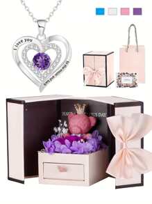 1 件我爱你到月亮和背面心形吊坠项链配紫玫瑰和熊盒珠宝礼物周年纪念礼物结婚礼物送给女性情人节、妈妈、母亲、母亲节、礼物