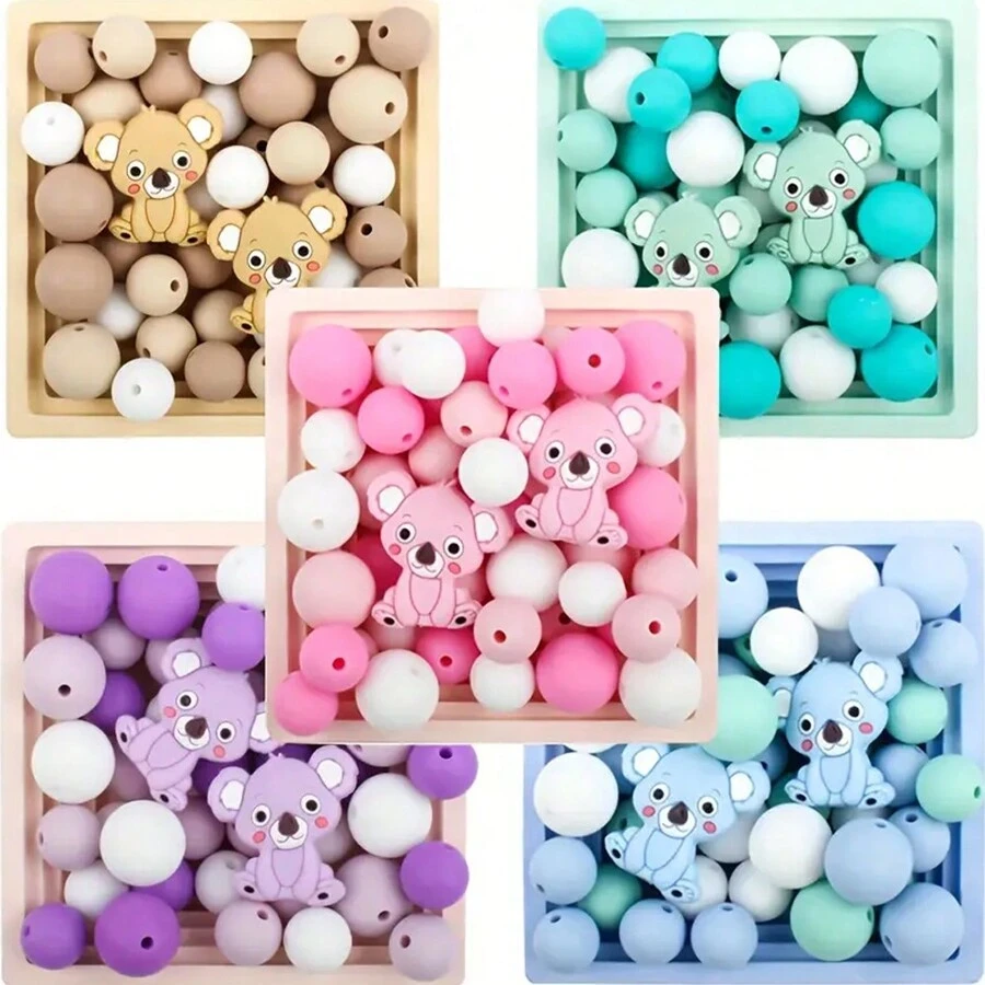 36/38/43pcs Cute Silicone Bead Set, 12mm/15mm Solid Color Koala Pattern Round Loose Beads, Used For DIY Jewelry Making, Key Chain, Pen Strap, Bracelet, Necklace, Pendant Handcraft Supplies