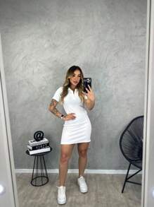 Ribbed Polo Neck Dress Plus Size G To G1 - trắng - Xem 1