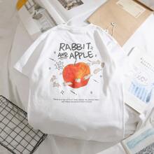 Rabbit And Apple Women's Basic Cotton T-Shirt - 白色 - 查看 3