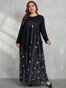 DEARCASE Plus Size Printed Pocket Long Sleeve Dress - Black - View 3