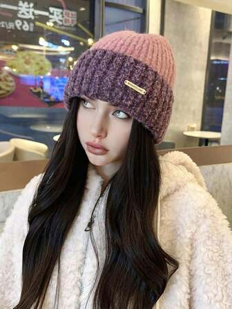 1pc Women's Colorblock Knit Hat, Warm Windproof Ear Protection Thick Knitted Cap, Cute Casual Elegant Retro Street Fashion Versatile Beanie, Suitable For Outdoor, Skiing, Cycling, Travel, Party, Daily Use, Autumn/Winter