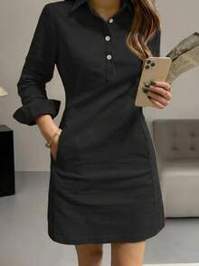 Spring And Autumn New Style Fashion Casual Lapel Button Decoration Long Sleeve Women's Short Dress Black Elegant - Black - View 6