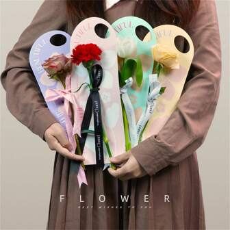 6 件新鲜鲜花礼品包装纸，单朵玫瑰花束纸质手柄卡片，适合情人节返校节