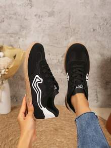 Giày thể thao nữ đế mềm mũi tròn buộc dây thời trang tối giản giày đi chơi thoải mái giày công sở phong cách trường học, màu đen, phù hợp cho bốn mùa - màu đen - Xem 2
