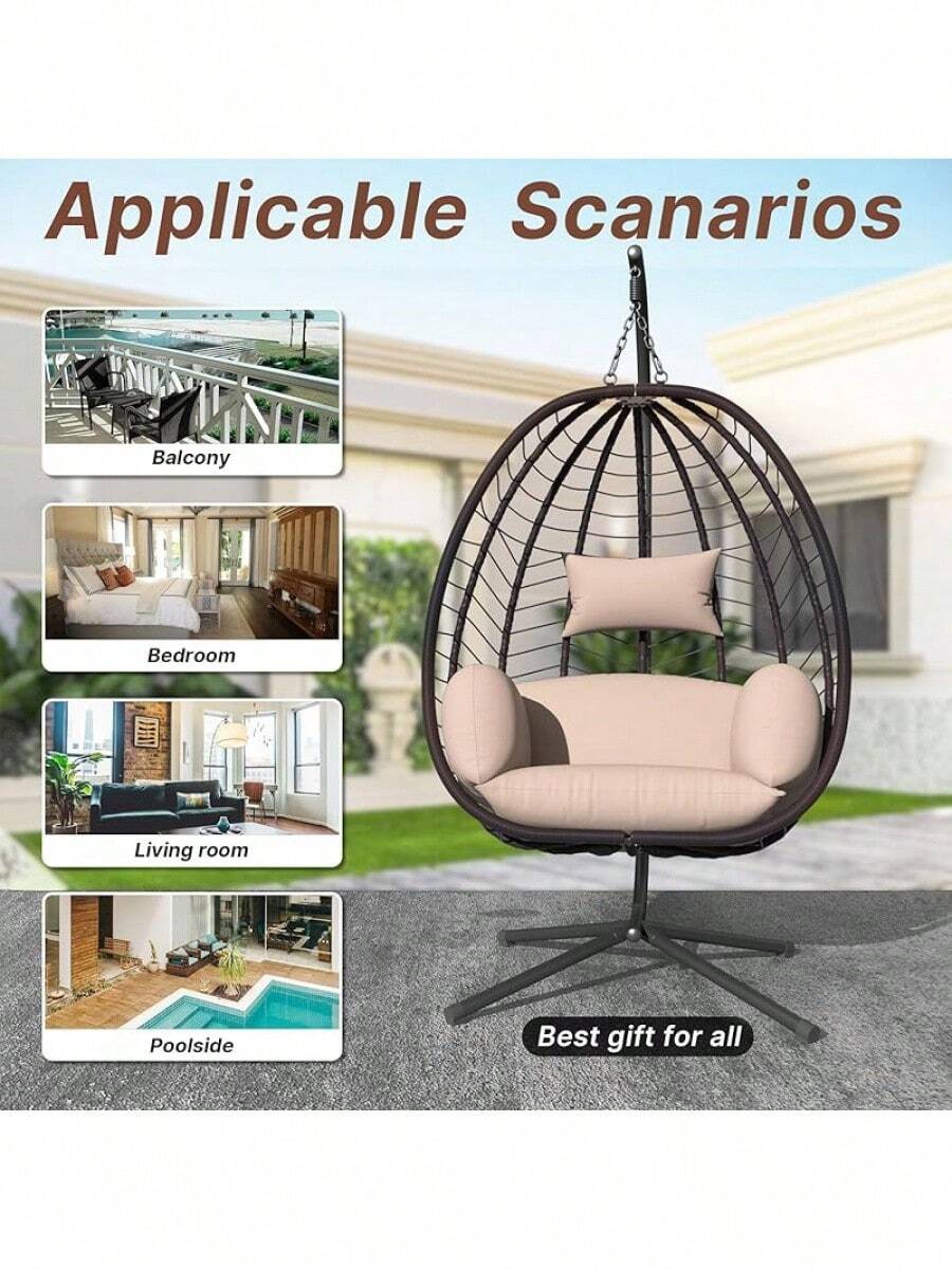 Hanging Egg Chair With Stand, Indoor Outdoor Wicker Rattan Egg Swing