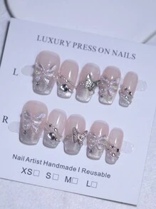 10片手工裸粉色丝绸月光石猫眼法式美甲贴片，闪亮水钻和蝴蝶美甲装饰，100%纯手工制作可重复使用短款棺材形按压式美甲贴片，女士美甲用品 - 粉色 - 查看 4