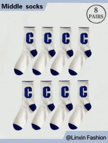 8 双女士袜子，颜色有蓝色、绿色、字母、条纹、格子，适合户外运动、时尚、百搭穿着 - 中筒长度，秋冬季 - 彩色 - 查看 12