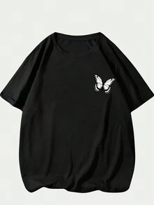 Y2K Style Cute Butterfly Cotton Comfortable T-Shirt Unisex Stylish Summer - 黑色 - 查看 2