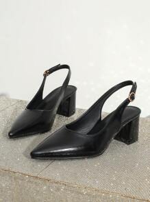 尖头厚底高跟鞋，简约一脚蹬款式舒适设计，适合派对、活动和日常穿着，时尚露背女士高跟鞋。 - 黑色 - 查看 5