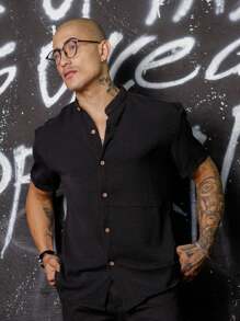 Men's Short Sleeve Dress Shirt With Priest Collar - Fresh Shirt - Comfortable - màu đen - Xem 4