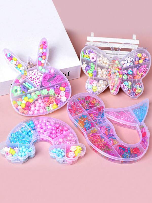 Kit de manualidades de abalorios DIY - Incluye cuentas de plástico con formas de conejo, mariposa, unicornio, oso, nubes coloridas, helado, ideal para hacer pulseras, collares y joyas hechas a mano; un regalo creativo para familiares y amigos