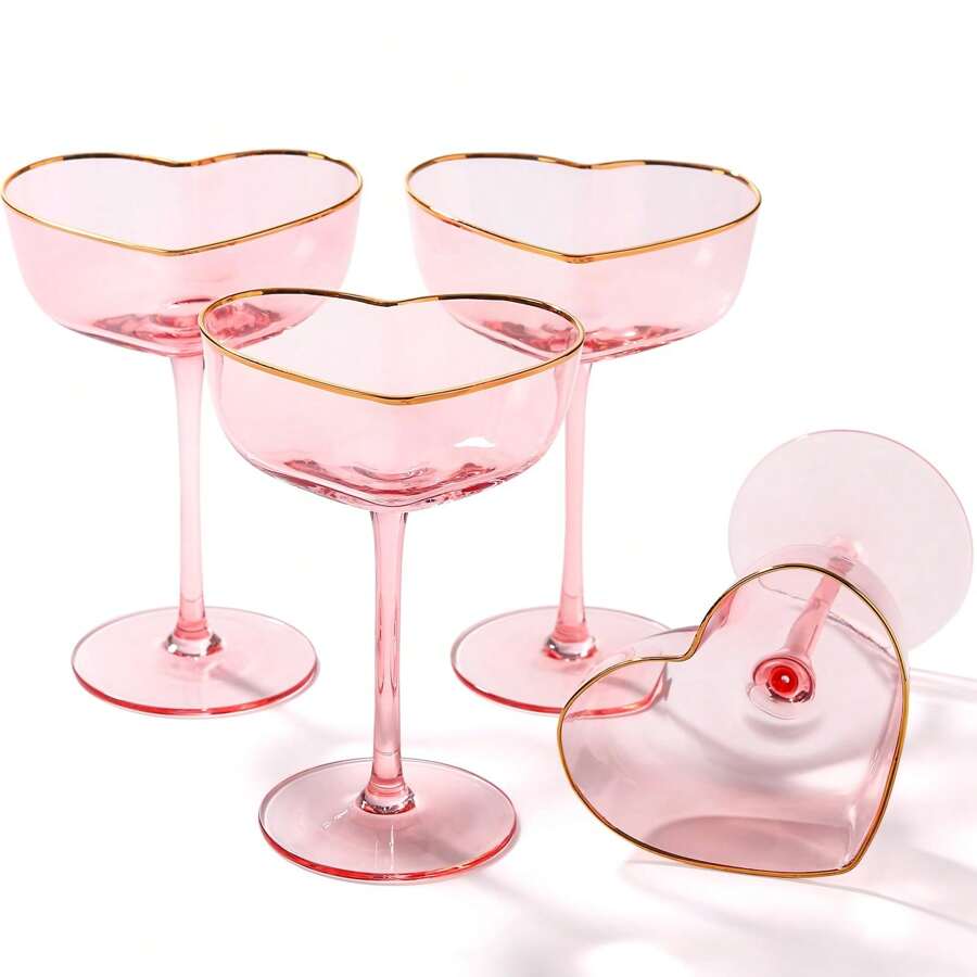 Pink Coupe Glasses Set Of 4, Heart-Shaped Martini Glasses With Golden Rim, Fancy Manhattan, Cosmopolitan, Sidecar Cocktail Glassware For Wedding, Valentine's Day, Birthdays, Anniversary- 8oz - 粉色 - 查看 1