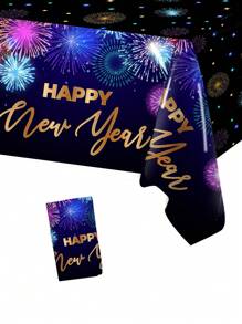 1Pc 220*130cm Happy New Year Plastic Tablecloth,Colorful Fireworks Pattern Table Cloth Decorations,Rectangular Tablecover For 2026 New Year Christmas Eve Decor,2026 Happy New Year Party Decorations Background Table Cover,Home Decor,New Year's Eve Table Decor,New Year Party Supplies,Kitchen Dining Table Decoration,Table Ornament,Christmas