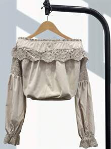 A Niche Design Top With Off Shoulder Lantern Sleeves And Smoked Retro Shirt - 杏色 - 查看 3
