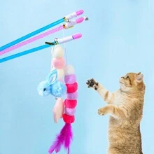 1 件弹力绳毛毛虫逗猫棒，蓝猫羽毛棒玩具，耐刮擦、耐咀嚼的猫玩具 - 彩色 - 查看 7