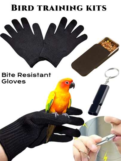 Birds Training Kits SET For Skill AND Fun, Parrot Bite-Resistant Steel Wire Gloves ,Birds Training Whistle-Stainless Steel Tool ,Ultrasonic Sound For Improved Communication & Behavior,Metal Feeding Box Of Treats For Parrot 1pc