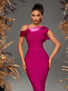 Elegant Hot Pink Asymmetrical Shoulder Slimming Dress Cocktail Party Formal Dresses Evening Gown, Wedding Guest Dress - Hot Pink - View 7