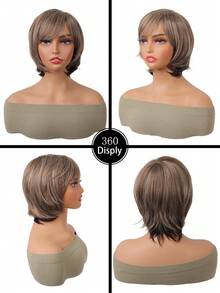 Tóc giả cắt Pixie ngắn có mái màu nâu sẫm pha vàng Tóc giả tổng hợp thẳng cho phụ nữ Tóc ngắn tự nhiên để sử dụng hàng ngày trong tiệc hóa trang Làm đẹp - Màu nâu highlight - Xem 3