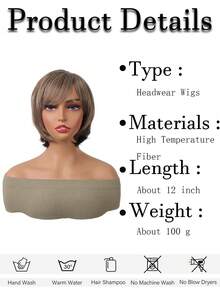 Tóc giả cắt Pixie ngắn có mái màu nâu sẫm pha vàng Tóc giả tổng hợp thẳng cho phụ nữ Tóc ngắn tự nhiên để sử dụng hàng ngày trong tiệc hóa trang Làm đẹp - Màu nâu highlight - Xem 2