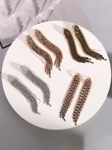 2pcs Full Diamond Crystal Non-Pierced Earrings For Women, Stylish Luxurious Claw Chain Tassel Ear Clips For Wedding, Party - Clip - View 3