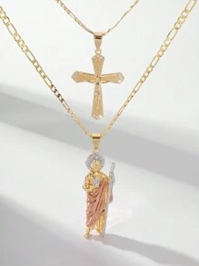 Bộ 2 dây chuyền mặt thánh giá và linh mục bằng đồng sáng bóng thời trang và đơn giản, thích hợp cho các cặp đôi ngày lễ tình nhân/mẹ/bạn thân/quà tặng, đeo hàng ngày hoặc lễ hội, cầu nguyện ngày lễ tình nhân - Vàng - Xem 7