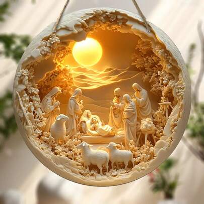 1 件 2D 木制耶稣降生场景基督教木制 20*20 厘米圆形悬挂圣诞花环装饰，房间装饰，墙壁装饰，家居装饰，圣诞装饰，客厅装饰