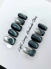 10 件/套 DIY 手工制作简约百搭手绘图案，魔镜粉墨绿水晶猫眼，1 件果冻凝胶和 1 件指甲锉，非常适合日常生活和派对装扮按压指甲美甲用品（显示卡随机） - 彩色 - 查看 5