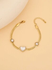 Freegrow 1pc Faux Pearl & Heart Shaped Charm Stainless Steel Bracelet Suitable For Women's Daily Wear Valentines