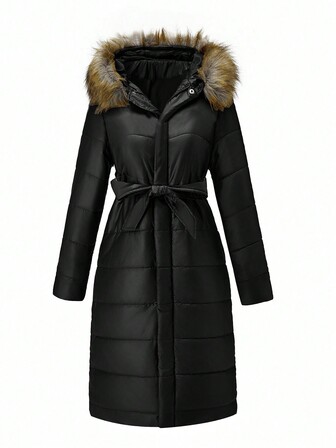 女士可拆卸仿毛领长袖连帽中长外套