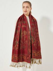 1pc Women's Paisley Floral Print Elegant Vintage Style Polyester Scarf, Versatile For Daily Use - Red - View 2