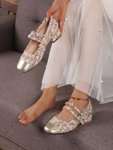 Giày cao gót Mary Jane vải tuýt hai màu phong cách Pháp cổ điển cho nữ Giày cao gót dày - Màu be - Xem 5