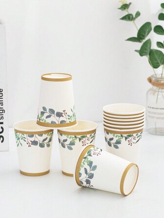 10pcs Rustic Floral & Leaf Pattern Disposable Paper Cups For Birthday Party Events