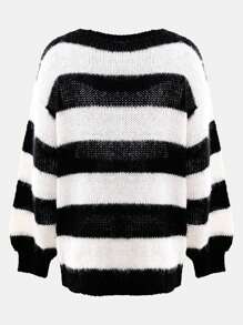 Off-Shoulder Sexy Striped Contrast Color Casual Loose Knit Pullover Top - Black and White - View 6