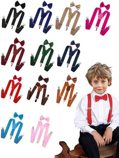 Conjunto de traje con tirantes y pajarita para niños, incluye pajarita, pantalones con tirantes ajustables para estudiantes, bebés y niños, ideal para bodas, fiestas y cumpleaños