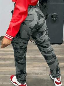 Pantalon cargo camouflage pour femmes, mode casual, taille haute, pieds liés, pantalon droit à poches multiples