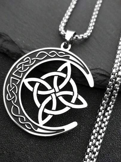 Collar con colgante de media luna con nudo celta irlandés, cadena de acero inoxidable con amuleto de bruja y luna para protección