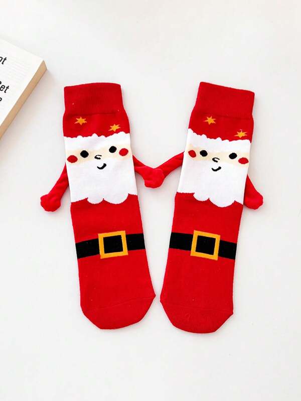 2 Pairs Christmas Santa Claus Gift Magnetic-Coupled Mid-Calf Socks, For Family & Friends, Autumn/Winter
