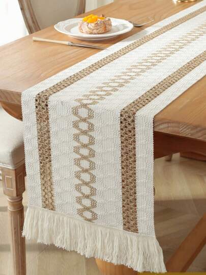 1 pieza Camino de mesa de lino vintage tejido con borlas, mantel de mesa de estilo casa de campo de encaje a ganchillo para mesas de café, cómodas, gabinetes de TV, mesas de comedor, decoración del hogar, interior y exterior, picnics, fiestas, bodas