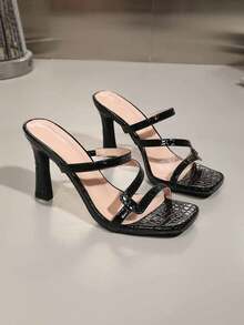 RUAN MENG MEI Giày cao gót thời trang nữ gợi cảm có quai khóa, mũi nhọn, da PU dập vân cá sấu, thiết kế hở lưng, thích hợp cho tiệc tùng, đám cưới, kỳ nghỉ, màu đen - màu đen - Xem 11