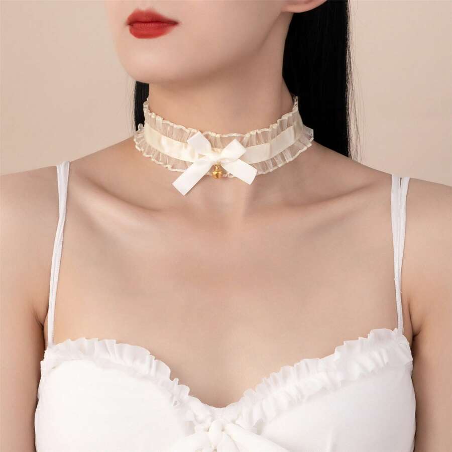 Lace Trim Choker With Black Bow, Ruffle, Small Bell Pendant Necklace, Vintage Aesthetic For Women