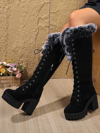 Plus Size Women's Thicken Fluffy Lined High Heel Knee High Boots, Fuzzy Lace-Up Warm Winter Riding Boots