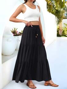 Chic Solid Boho Long Skirt Layel Design With Pockets, Woman's Clothing - 黑色 - 查看 3
